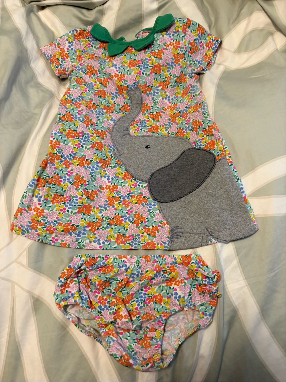 Baby Boden Floral Dress & Bloomers with Elephant Appliqué Green Petal Collar
